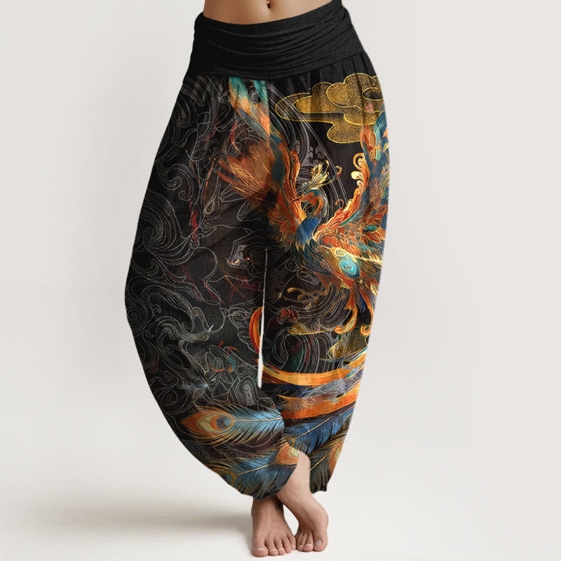Buddha Stones Pure Cotton Gorgeous Flying Phoenix Cloud Pattern Women's Elastic Waist Harem Pants - Black - US16,UK/AU20,EU48 (3XL) - image 0