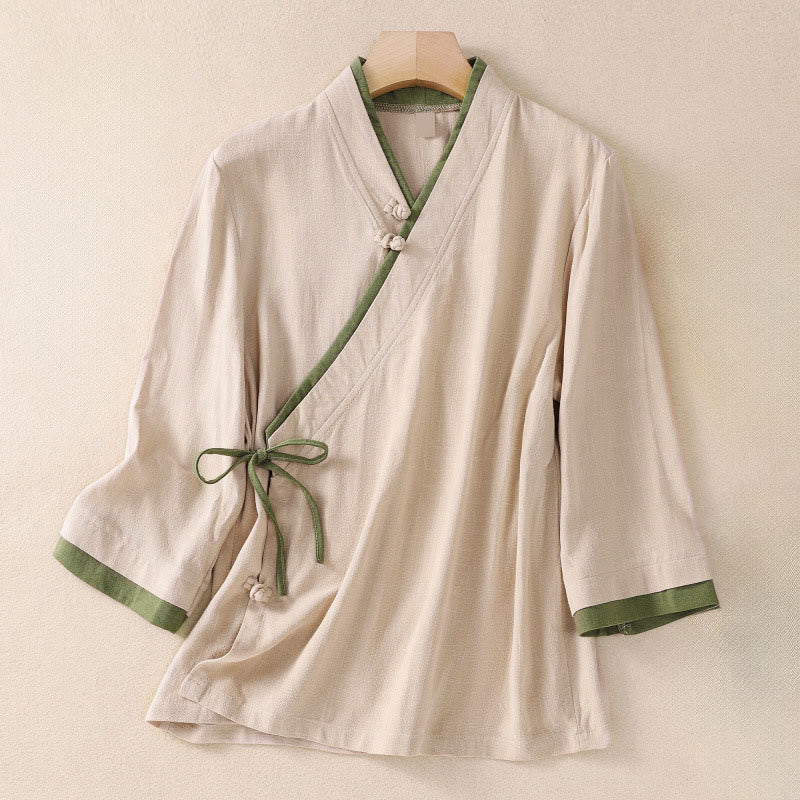 Buddha Stones Retro Lace-up Frog-Button Design Women's Three Quarter Sleeve Cotton Linen Shirt - PapayaWhip - US8-10,UK/AU12-14,EU40-42 (2XL) - image 1