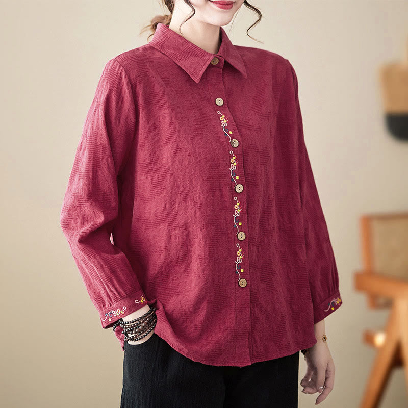 Buddha Stones Spring Plain Embroidered Flower Pattern Button Women's Long Sleeve Cotton Lapel Shirt - DarkRed - US12,UK/AU16,EU44 (3XL) - image 23