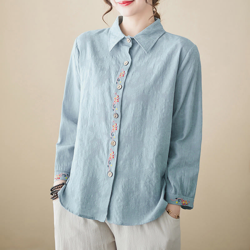 Buddha Stones Spring Plain Embroidered Flower Pattern Button Women's Long Sleeve Cotton Lapel Shirt - LightBlue - US12,UK/AU16,EU44 (3XL) - image 1