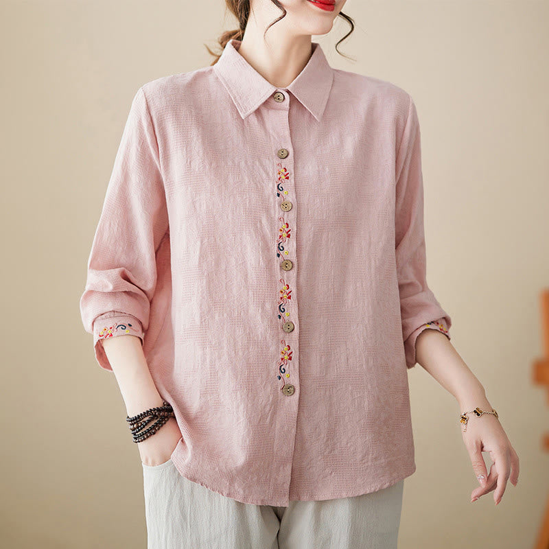 Buddha Stones Spring Plain Embroidered Flower Pattern Button Women's Long Sleeve Cotton Lapel Shirt - LightPink - US12,UK/AU16,EU44 (3XL) - image 7
