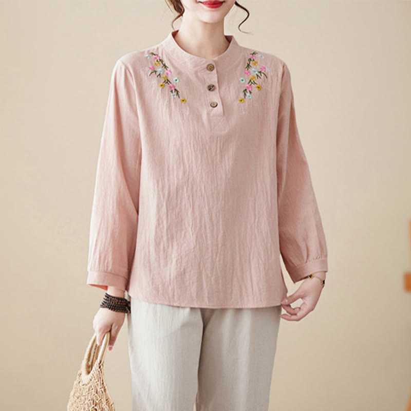 Buddha Stones Women's Spring Embroidered Flower Pattern Stand Collar Long Sleeve Cotton Shirt - LightPink - US12,UK/AU16,EU44 (3XL) - image 1