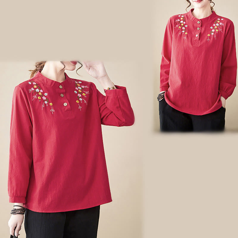 Buddha Stones Women's Spring Embroidered Flower Pattern Stand Collar Long Sleeve Cotton Shirt - image 25