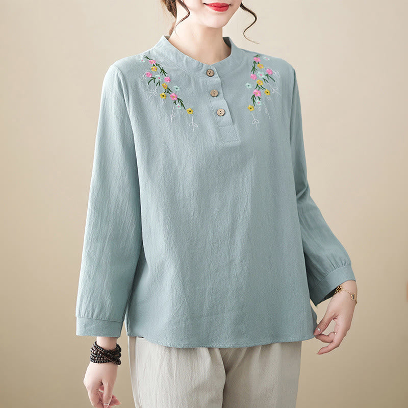 Buddha Stones Women's Spring Embroidered Flower Pattern Stand Collar Long Sleeve Cotton Shirt - LightBlue - US12,UK/AU16,EU44 (3XL) - image 5