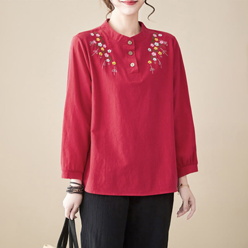 Buddha Stones Women's Spring Embroidered Flower Pattern Stand Collar Long Sleeve Cotton Shirt - Crimson - US12,UK/AU16,EU44 (3XL) - image 20