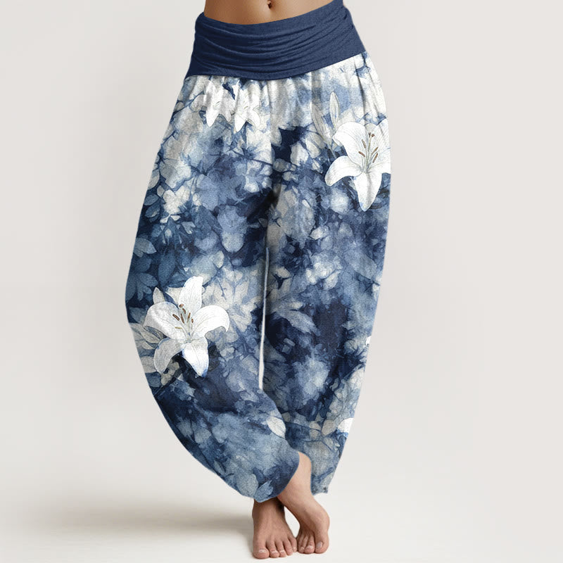 Buddha Stones Pure Cotton Watercolor Style Lily Pattern Women's Elastic Waist Harem Pants - MidnightBlue - US16,UK/AU20,EU48 (3XL) - image 0