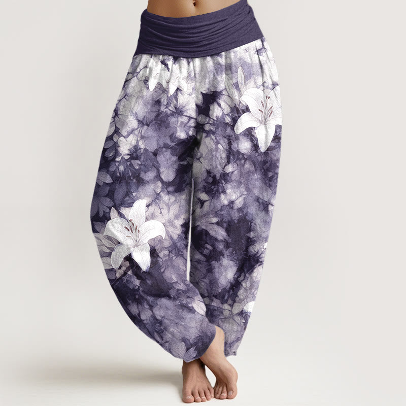 Buddha Stones Pure Cotton Watercolor Style Lily Pattern Women's Elastic Waist Harem Pants - Indigo - US16,UK/AU20,EU48 (3XL) - image 5