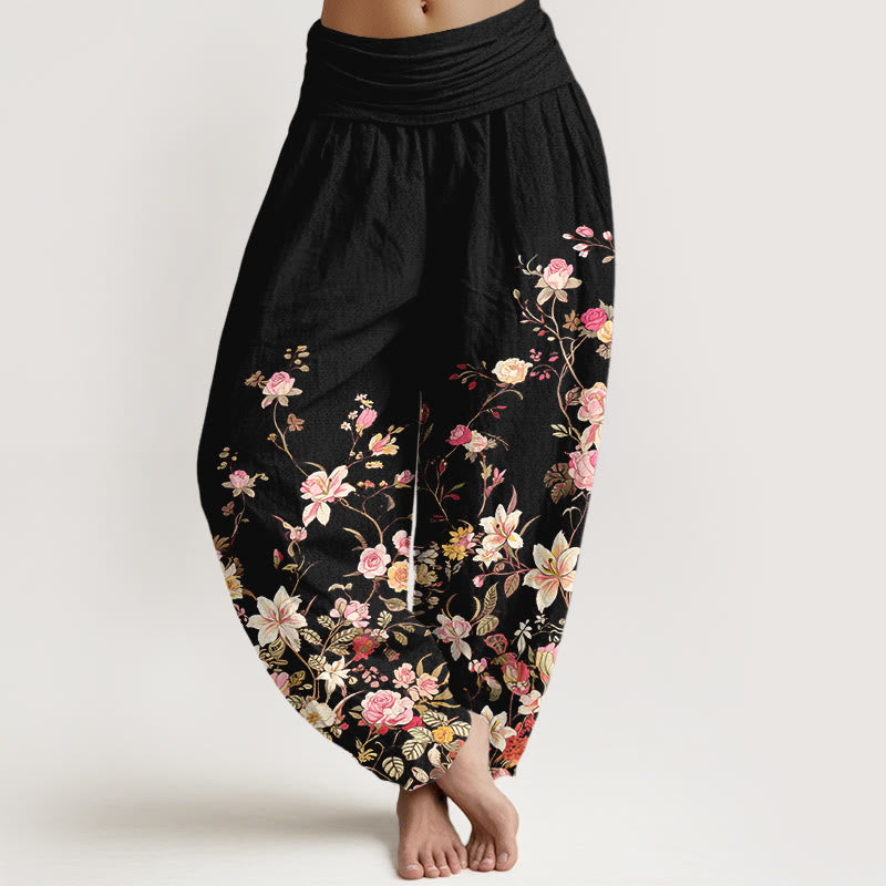 Buddha Stones Pure Cotton Exquisite Colorful Flower Pattern Women's Elastic Waist Harem Pants - Black - US16,UK/AU20,EU48 (3XL) - image 0