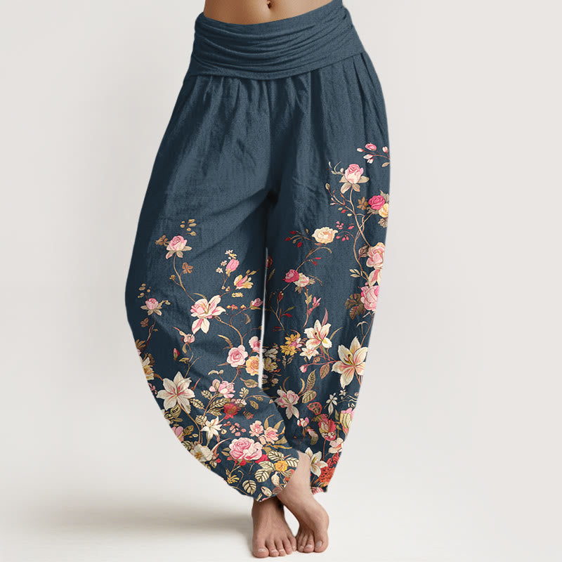 Buddha Stones Pure Cotton Exquisite Colorful Flower Pattern Women's Elastic Waist Harem Pants - DarkSlateBlue - US16,UK/AU20,EU48 (3XL) - image 5