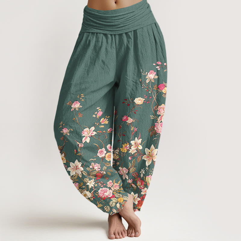 Buddha Stones Pure Cotton Exquisite Colorful Flower Pattern Women's Elastic Waist Harem Pants - MediumSeaGreen - US16,UK/AU20,EU48 (3XL) - image 8