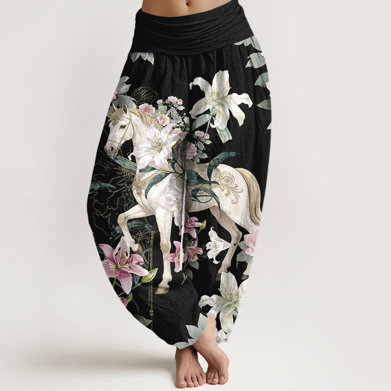 Buddha Stones Pure Cotton Romantic Horse Lily Peony Pattern Women's Elastic Waist Harem Pants - Black - US16,UK/AU20,EU48 (3XL) - image 0