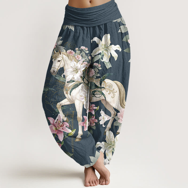 Buddha Stones Pure Cotton Romantic Horse Lily Peony Pattern Women's Elastic Waist Harem Pants - DarkSlateBlue - US16,UK/AU20,EU48 (3XL) - image 5