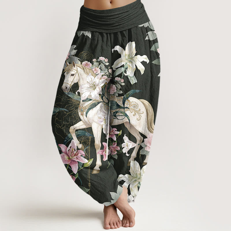 Buddha Stones Pure Cotton Romantic Horse Lily Peony Pattern Women's Elastic Waist Harem Pants - DimGray - US16,UK/AU20,EU48 (3XL) - image 8
