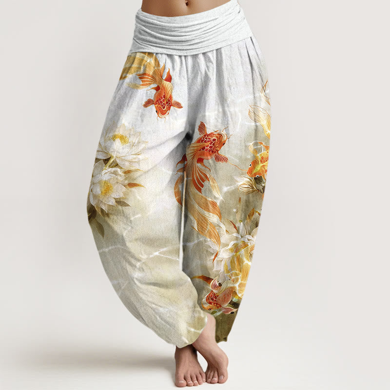 Buddha Stones Pure Cotton Light-Colored Koi Fish Lotus Flower Pattern Women's Elastic Waist Harem Pants - LightYellow - US16,UK/AU20,EU48 (3XL) - image 5