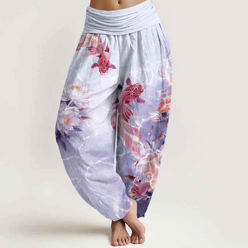 Buddha Stones Pure Cotton Light-Colored Koi Fish Lotus Flower Pattern Women's Elastic Waist Harem Pants - Lavender - US16,UK/AU20,EU48 (3XL) - image 8