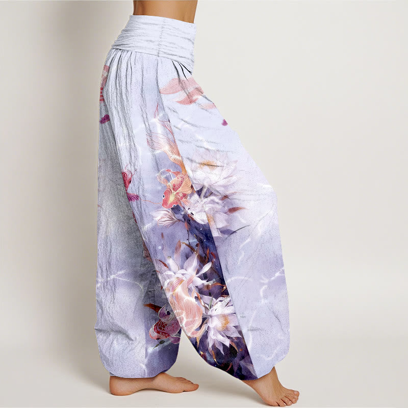 Buddha Stones Pure Cotton Light-Colored Koi Fish Lotus Flower Pattern Women's Elastic Waist Harem Pants - image 10