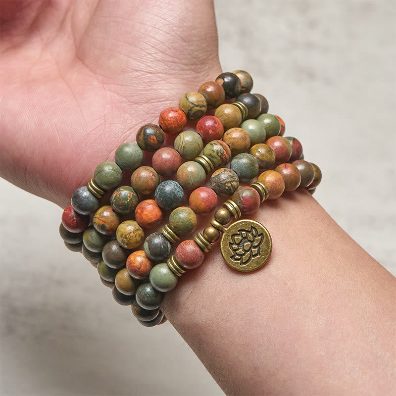 Buddha Stones Retro Lotus Symbol Charm Round Bead Red Turquoise Warm Mala - image 3