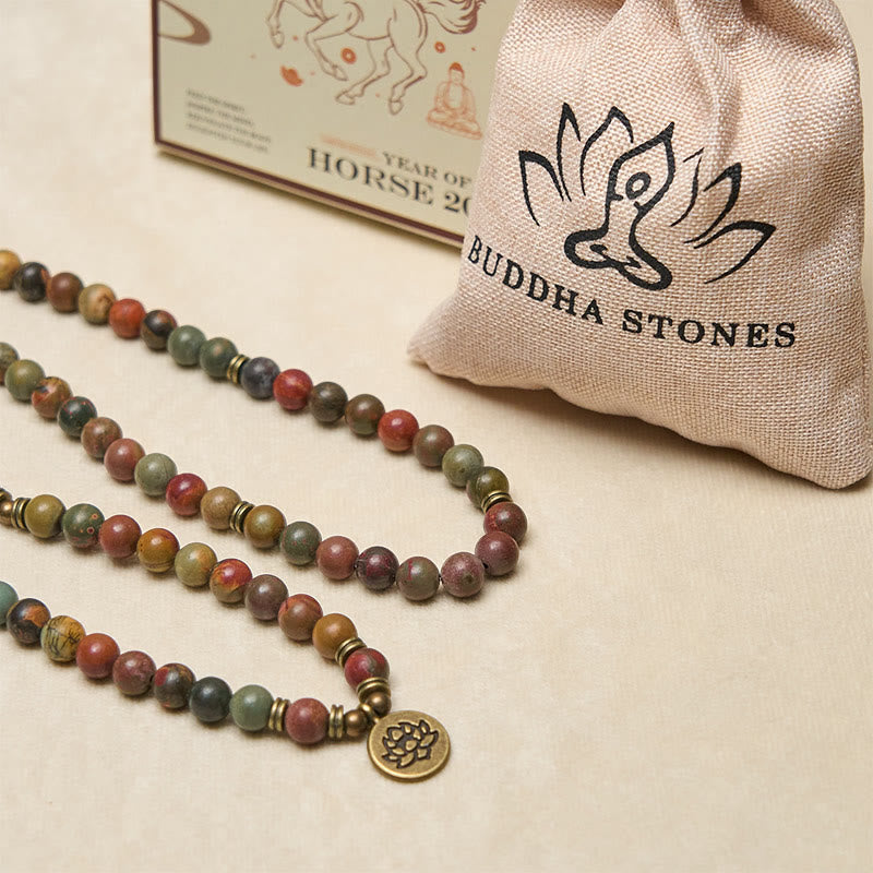 Buddha Stones Retro Lotus Symbol Charm Round Bead Red Turquoise Warm Mala - image 5