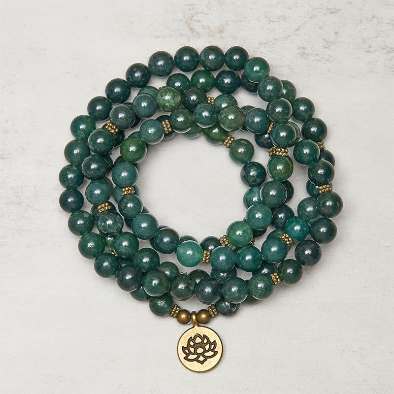 Buddha Stones Lotus Symbol Charm Round Bead Moss Agate Healing Mala - Moss Agate - 8mm - image 0