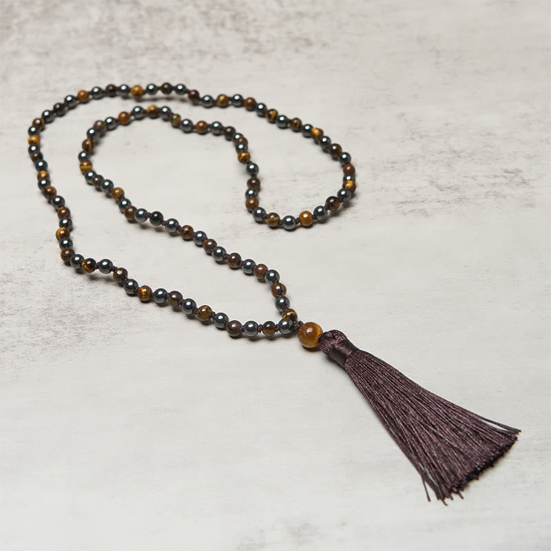 Buddha Stones 108 Beads Tiger Eye Hematite Tassel Courage Strength Mala - image 2