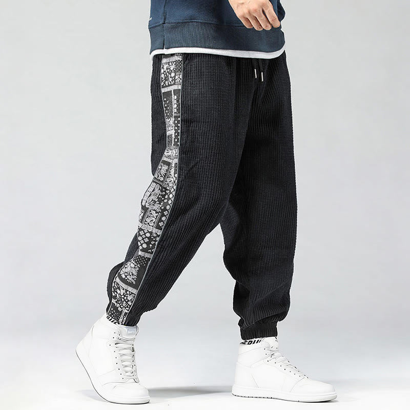 Buddha Stones Fall Solid Drawstring Side Paisley Pattern Straight Leg Ankle-length Corduroy Men's Pants With Pockets - Black - US/UK/AU46,EU56 (5XL) - image 0