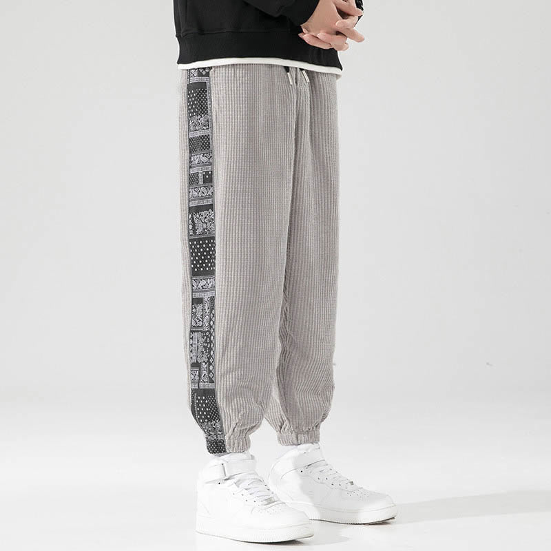 Buddha Stones Fall Solid Drawstring Side Paisley Pattern Straight Leg Ankle-length Corduroy Men's Pants With Pockets - LightGrey - US/UK/AU46,EU56 (5XL) - image 13