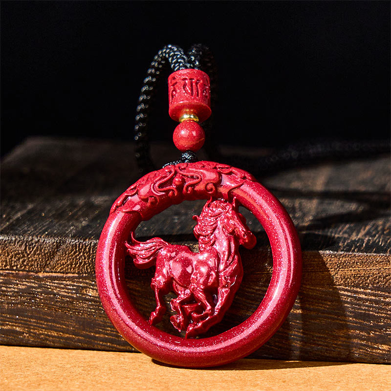 Buddha Stones Year Of The Horse Carving Peace Buckle Natural Cinnabar Concentration Necklace Pendant - image 1