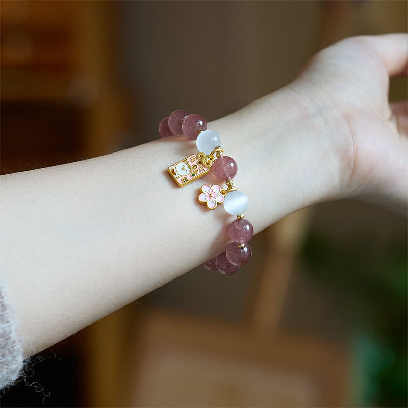 Buddha Stones Lucky Cat Peach Blossoms Charm Strawberry Quartz White Cat's Eye Healing Bracelet - image 2