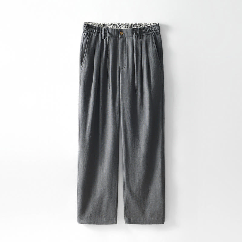 Buddha Stones Fall Solid Drawstring Zipper Men's Linen Wide Leg Pants With Pockets - Gray - US/UK/AU44,EU54 (4XL) - image 0
