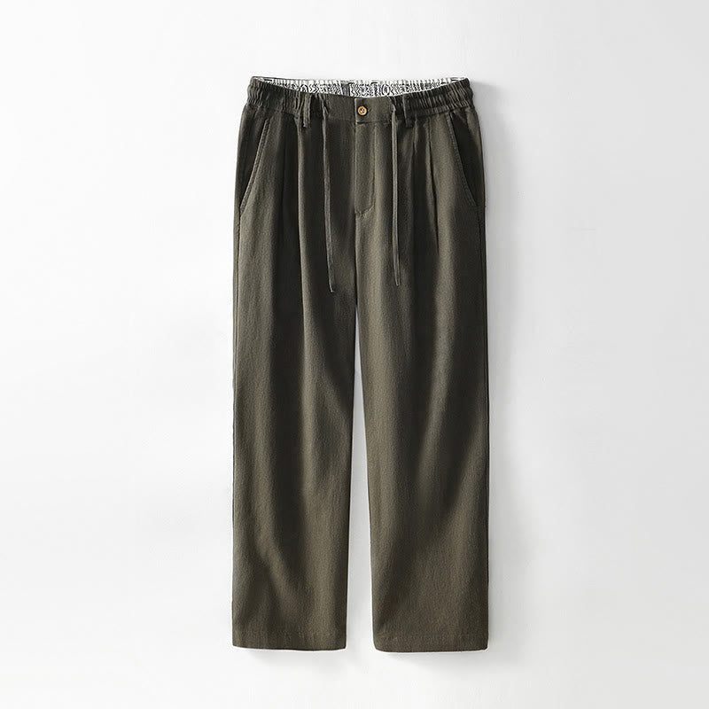 Buddha Stones Fall Solid Drawstring Zipper Men's Linen Wide Leg Pants With Pockets - Olive - US/UK/AU44,EU54 (4XL) - image 14
