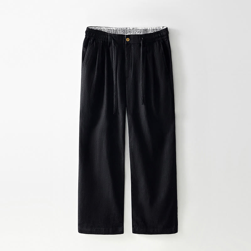 Buddha Stones Fall Solid Drawstring Zipper Men's Linen Wide Leg Pants With Pockets - Black - US/UK/AU44,EU54 (4XL) - image 9