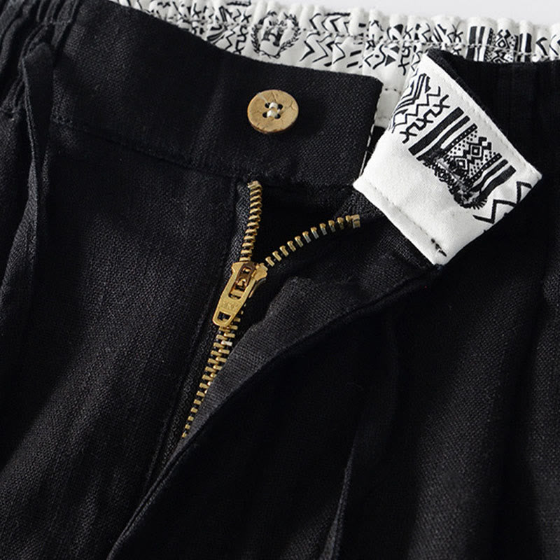 Buddha Stones Fall Solid Drawstring Zipper Men's Linen Wide Leg Pants With Pockets - image 12