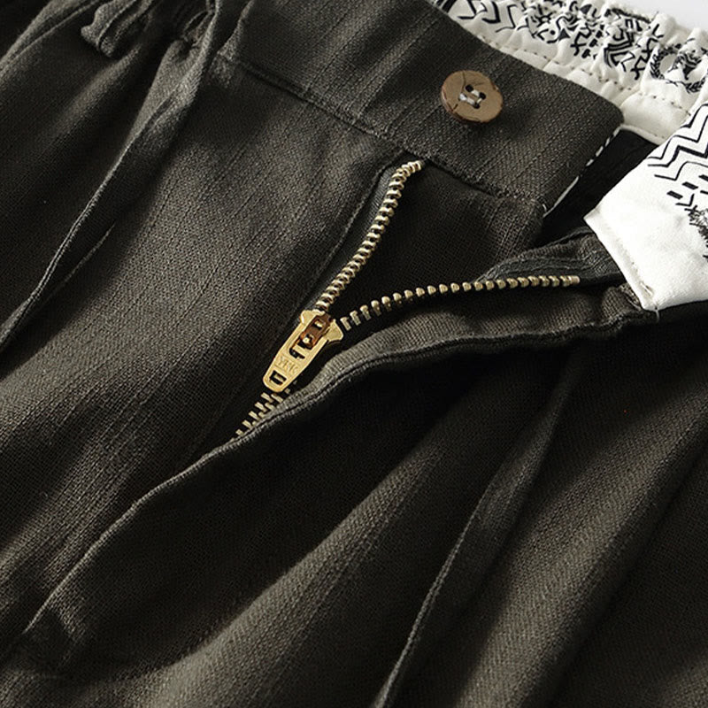 Buddha Stones Fall Solid Drawstring Zipper Men's Linen Wide Leg Pants With Pockets - image 18