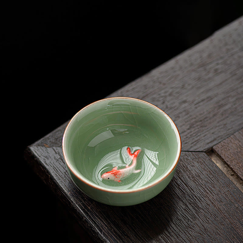 Buddha Stones Hand Painted Koi Fish Ceramic Teacup Kung Fu Tea Cup 50ml - Plum Green 6.4cm*2.8cm*50ml - image 3