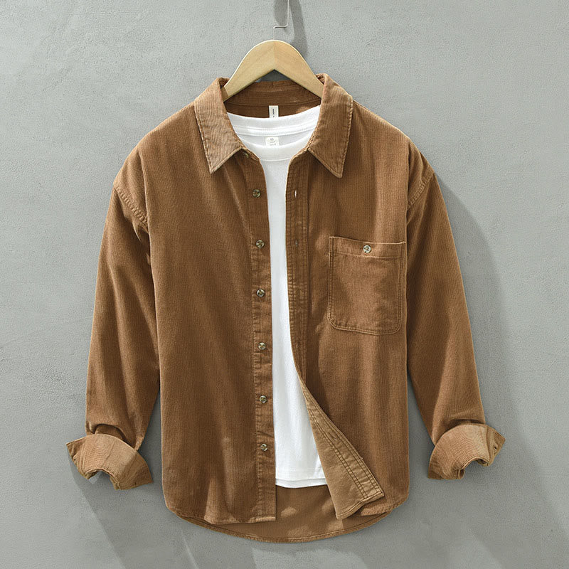 Buddha Stones Fall Decorative Pocket Buttons Down Stand Collar Long Sleeve Men's Cotton Corduroy Shirt - SandyBrown - US/UK/AU42,EU52 (3XL) - image 0