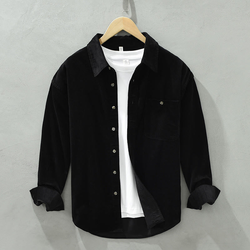 Buddha Stones Fall Decorative Pocket Buttons Down Stand Collar Long Sleeve Men's Cotton Corduroy Shirt - Black - US/UK/AU42,EU52 (3XL) - image 14