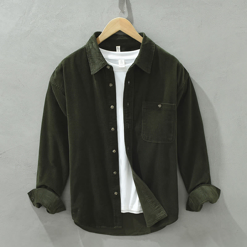 Buddha Stones Fall Decorative Pocket Buttons Down Stand Collar Long Sleeve Men's Cotton Corduroy Shirt - Olive - US/UK/AU42,EU52 (3XL) - image 9