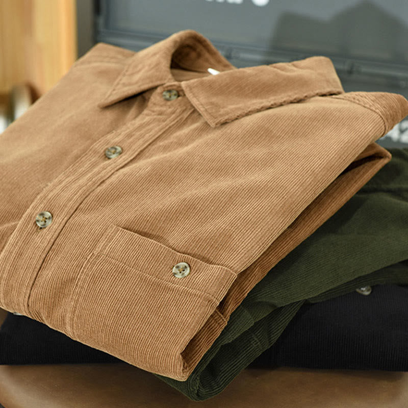 Buddha Stones Fall Decorative Pocket Buttons Down Stand Collar Long Sleeve Men's Cotton Corduroy Shirt - image 8