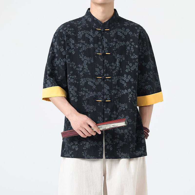 Buddha Stones Summer Peach Blossoms Pattern Chinese Frog-Button Cotton Linen Short Sleeve Men's Shirt - Black - US/UK/AU46,EU56 (5XL) - image 0