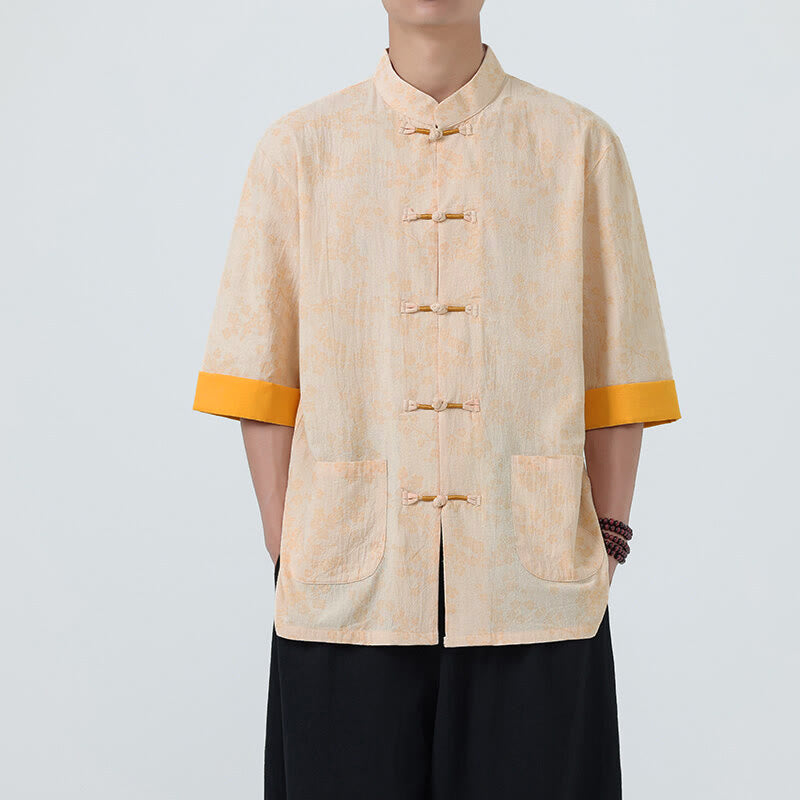 Buddha Stones Summer Peach Blossoms Pattern Chinese Frog-Button Cotton Linen Short Sleeve Men's Shirt - Bisque - US/UK/AU46,EU56 (5XL) - image 9