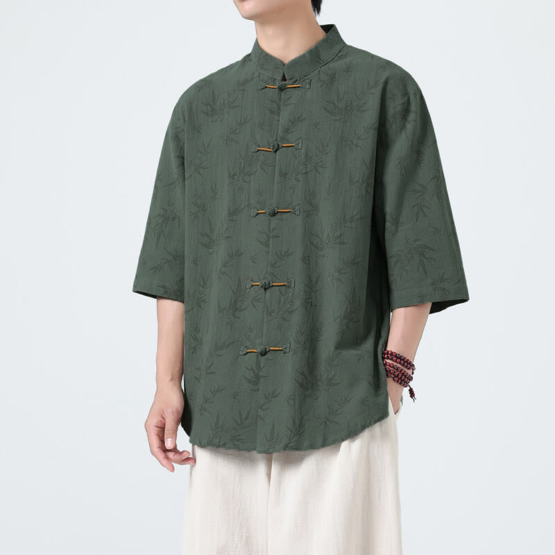 Buddha Stones Summer Bamboo Leaves Pattern Chinese Frog-Button Cotton Linen Short Sleeve Men's Shirt - SeaGreen - US/UK/AU46,EU56 (5XL) - image 7