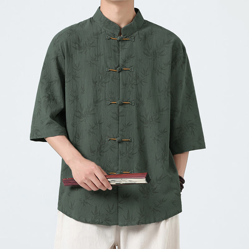 Buddha Stones Summer Bamboo Leaves Pattern Chinese Frog-Button Cotton Linen Short Sleeve Men's Shirt - image 8
