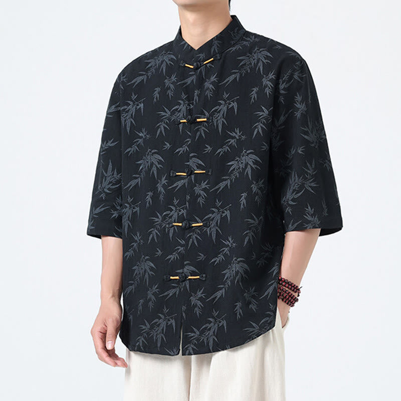 Buddha Stones Summer Bamboo Leaves Pattern Chinese Frog-Button Cotton Linen Short Sleeve Men's Shirt - image 2