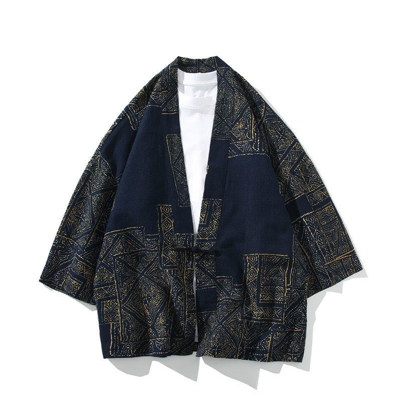 Buddha Stones Geometry Floral Stripes Butterfly Ink Open Front Half Sleeve Jacket Cotton Men's Kimono - Square Blue - US/UK/AU46,EU56 (5XL) - image 0