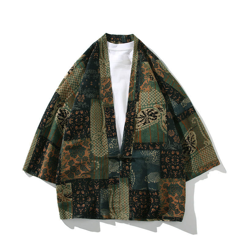 Buddha Stones Geometry Floral Stripes Butterfly Ink Open Front Half Sleeve Jacket Cotton Men's Kimono - Floral Green - US/UK/AU46,EU56 (5XL) - image 11
