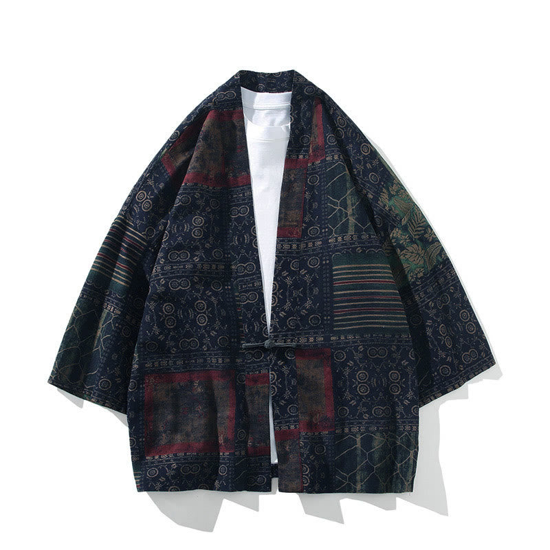 Buddha Stones Geometry Floral Stripes Butterfly Ink Open Front Half Sleeve Jacket Cotton Men's Kimono - Steel Blue Stripes - US/UK/AU46,EU56 (5XL) - image 12