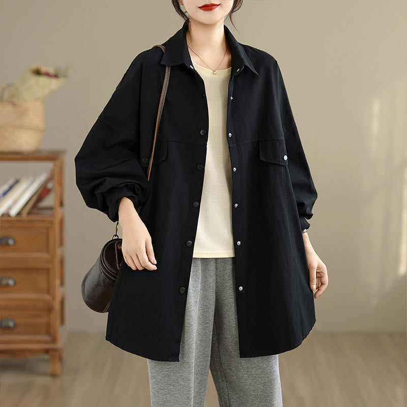 Buddha Stones Fall Pure Color Lapel Button Simple Design Women's Cotton Long Sleeve Jacket - Black - US14,UK/AU18,EU46 (2XL) - image 5
