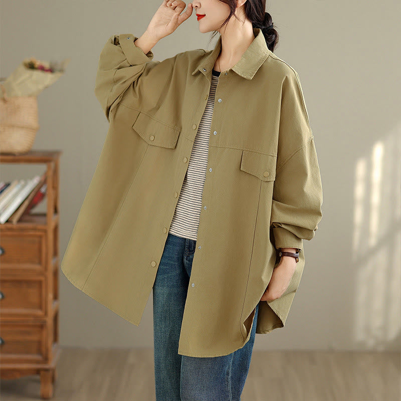 Buddha Stones Fall Pure Color Lapel Button Simple Design Women's Cotton Long Sleeve Jacket - DarkKhaki - US14,UK/AU18,EU46 (2XL) - image 11