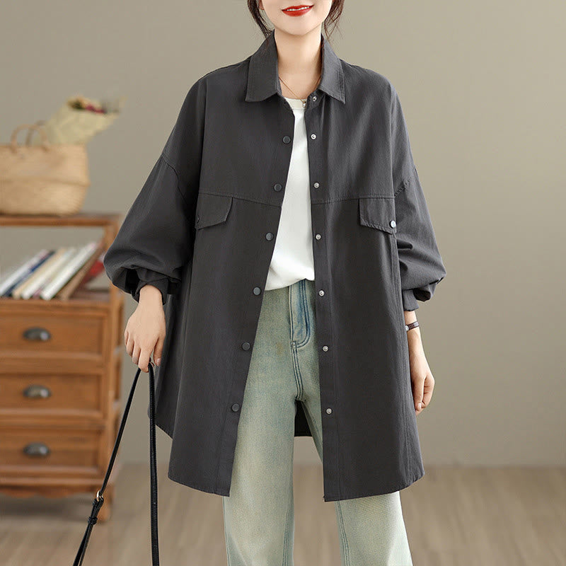 Buddha Stones Fall Pure Color Lapel Button Simple Design Women's Cotton Long Sleeve Jacket - DimGray - US14,UK/AU18,EU46 (2XL) - image 0