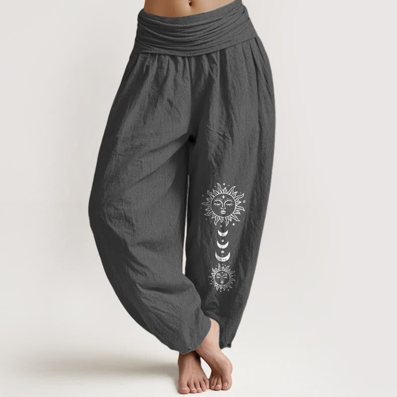 Buddha Stones Bohemian Sun Moon Pattern Women's Elastic Waist Harem Pure Cotton Pants - DimGray - US16,UK/AU20,EU48 (3XL) - image 0